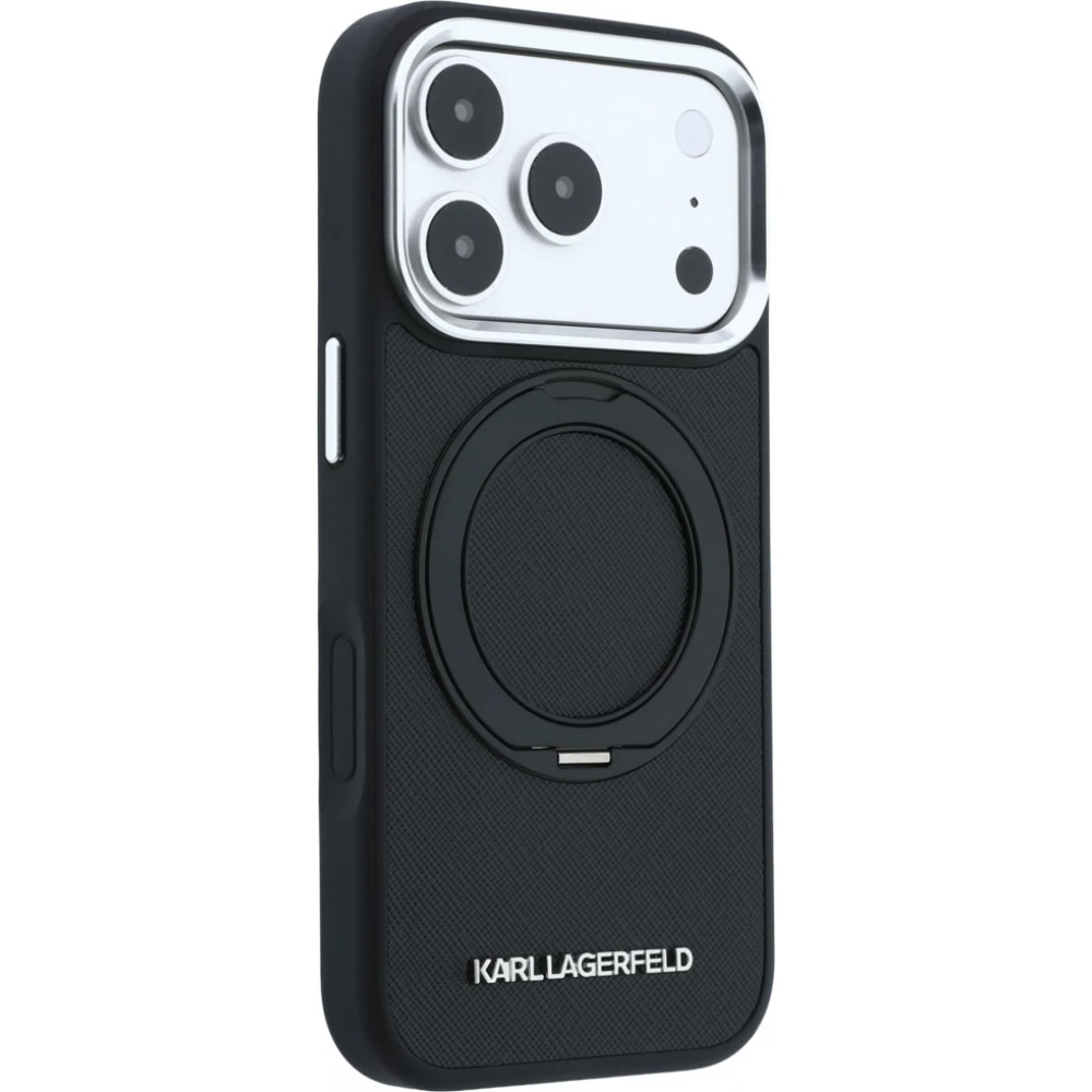 Coque iPhone 18 Pro Max / 17 Pro Max - Karl Lagerfeld PU Saffiano MagSafe avec anneau de support 360&deg; - Noir