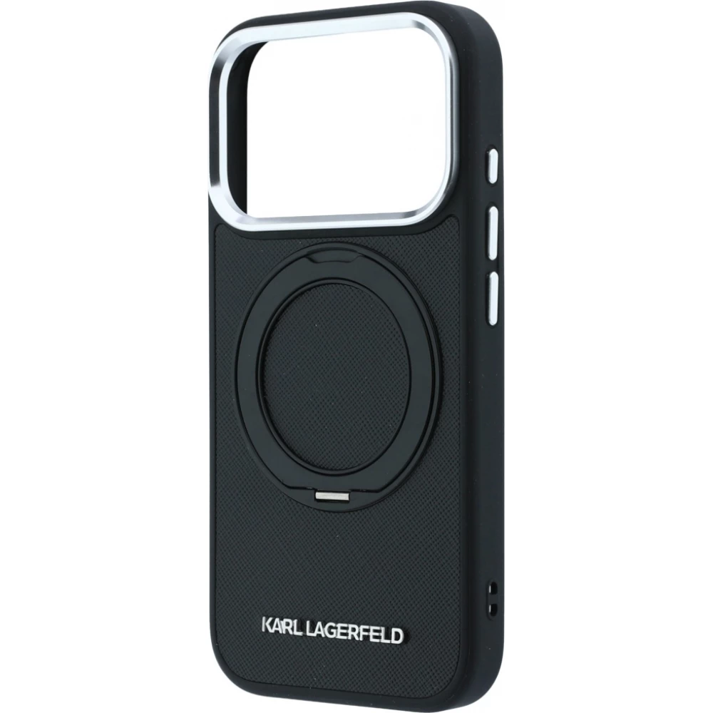 Coque iPhone 18 Pro Max / 17 Pro Max - Karl Lagerfeld PU Saffiano MagSafe avec anneau de support 360&deg; - Noir