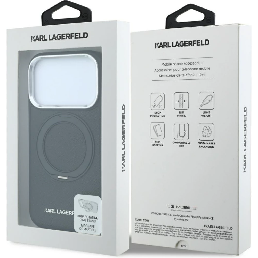 Coque iPhone 18 Pro Max / 17 Pro Max - Karl Lagerfeld PU Saffiano MagSafe avec anneau de support 360&deg; - Noir