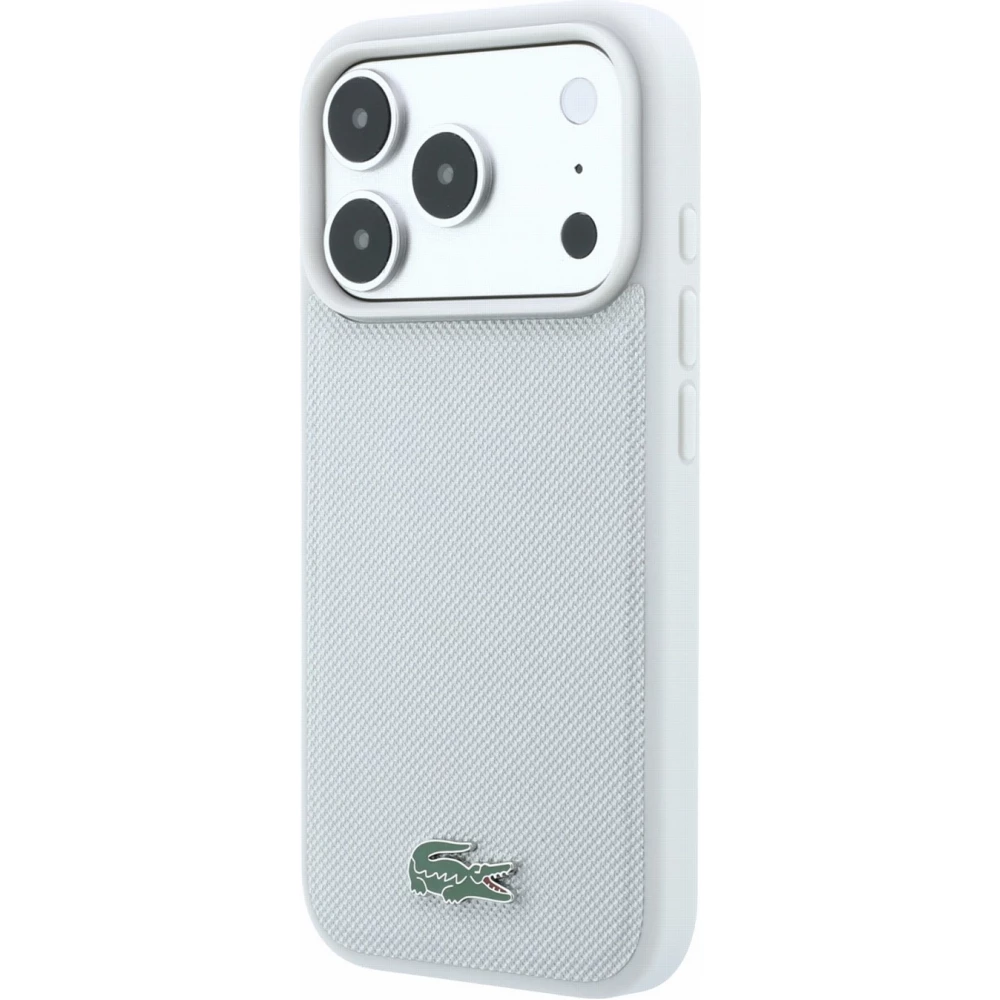 Coque iPhone 18 Pro Max / 17 Pro Max - Lacoste Petit Pique MagSafe avec logo m&eacute;tal protection &eacute;l&eacute;gante et durable - Light Grey