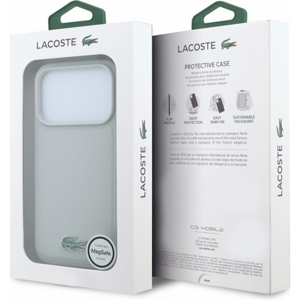 Coque iPhone 18 Pro Max / 17 Pro Max - Lacoste Petit Pique MagSafe avec logo m&eacute;tal protection &eacute;l&eacute;gante et durable - Light Grey