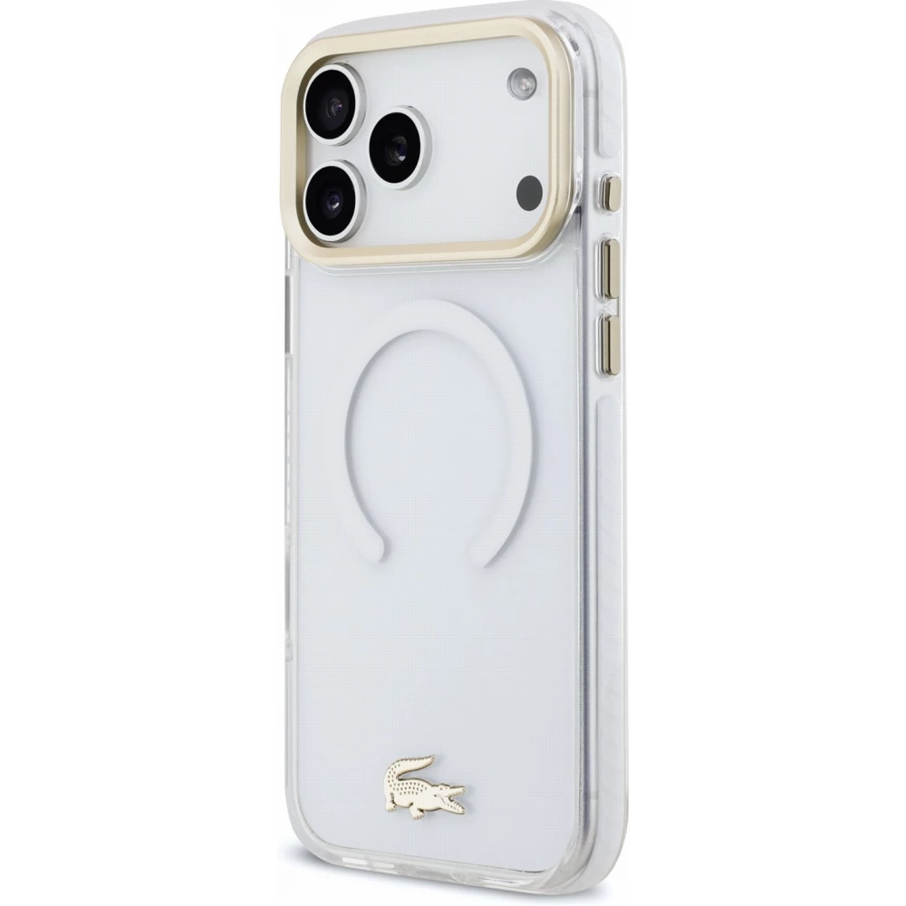 Coque iPhone 18 Pro Max / 17 Pro Max - Lacoste transparente anti-chocs avec logo or givr&eacute; compatible avec MagSafe - Transparent