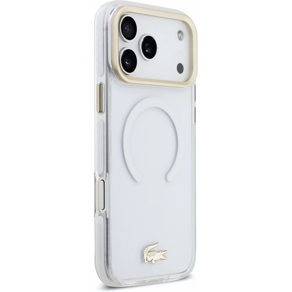 Coque iPhone 18 Pro Max / 17 Pro Max - Lacoste transparente anti-chocs avec logo or givr&eacute; compatible avec MagSafe - Transparent