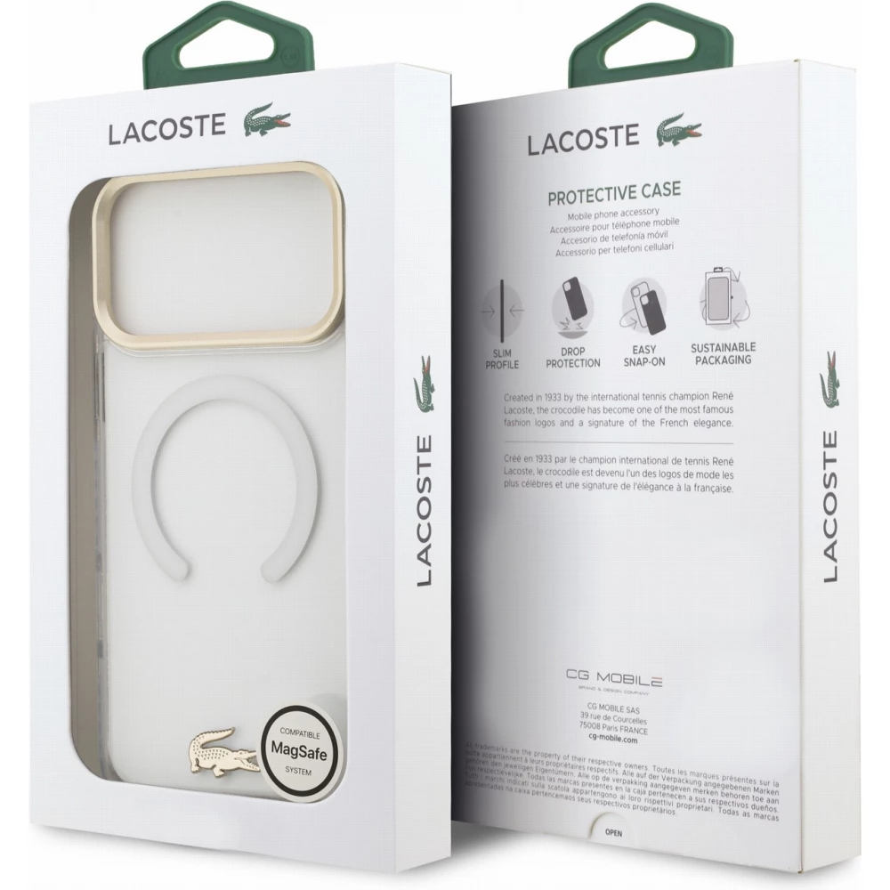 Coque iPhone 18 Pro Max / 17 Pro Max - Lacoste transparente anti-chocs avec logo or givr&eacute; compatible avec MagSafe - Transparent