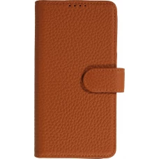 Coque iPhone 18 Pro / 17 Pro - Leather Prestige en cuir véritable avec porte-cartes fermeture magnétique et support intégré - Brun