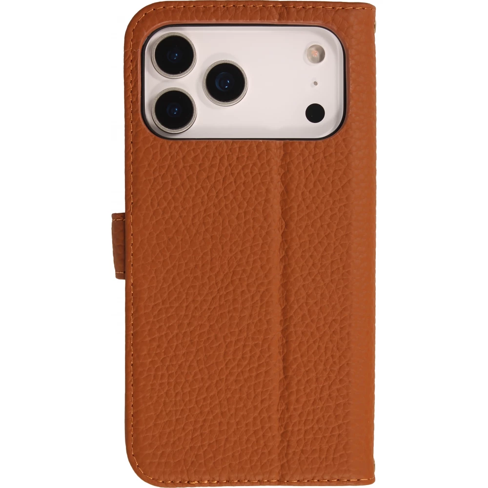 Coque iPhone 18 Pro / 17 Pro - Leather Prestige en cuir véritable avec porte-cartes fermeture magnétique et support intégré - Brun