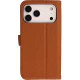 Coque iPhone 18 Pro / 17 Pro - Leather Prestige en cuir véritable avec porte-cartes fermeture magnétique et support intégré - Brun