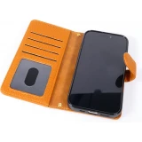 Coque iPhone 18 Pro / 17 Pro - Leather Prestige en cuir véritable avec porte-cartes fermeture magnétique et support intégré - Brun