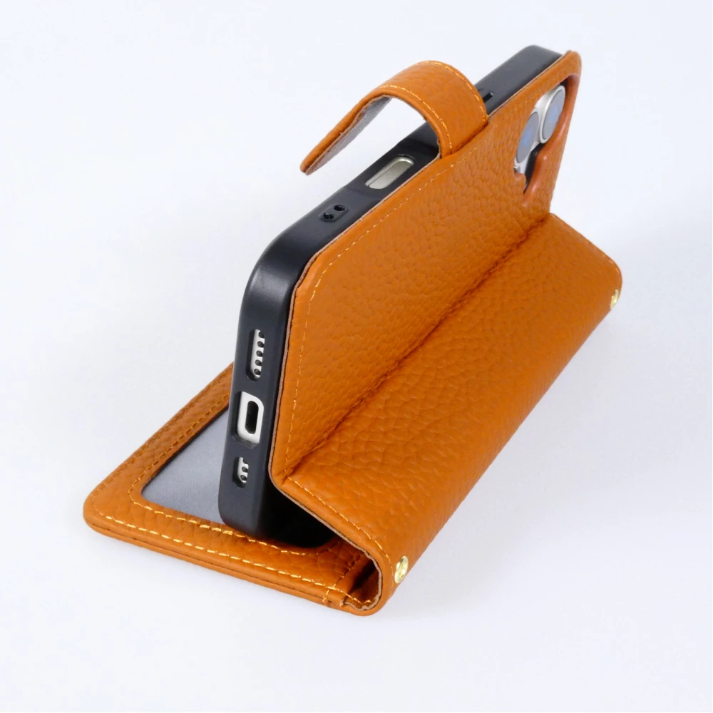 Coque iPhone 18 Pro / 17 Pro - Leather Prestige en cuir véritable avec porte-cartes fermeture magnétique et support intégré - Brun
