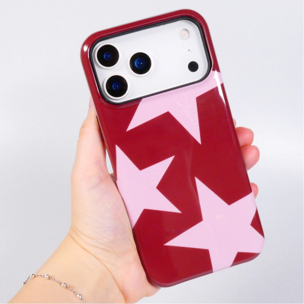 iPhone 18 Pro Max / 17 Pro Max Case Hülle - Star pop mit Sternenmuster doppelter Schutz durch Silikon-Innenhülle und robuste Kunststoff-Außenschale - Bordeauxrot