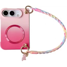 Coque iPhone Duo - Candy Twist magn&eacute;tique avec dragonne tress&eacute;e multicolore et protection antichoc - Rose