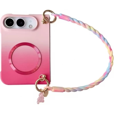 Coque iPhone Duo - Candy Twist magn&eacute;tique avec dragonne tress&eacute;e multicolore et protection antichoc - Rose