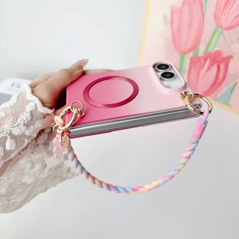 Coque iPhone Duo - Candy Twist magn&eacute;tique avec dragonne tress&eacute;e multicolore et protection antichoc - Rose