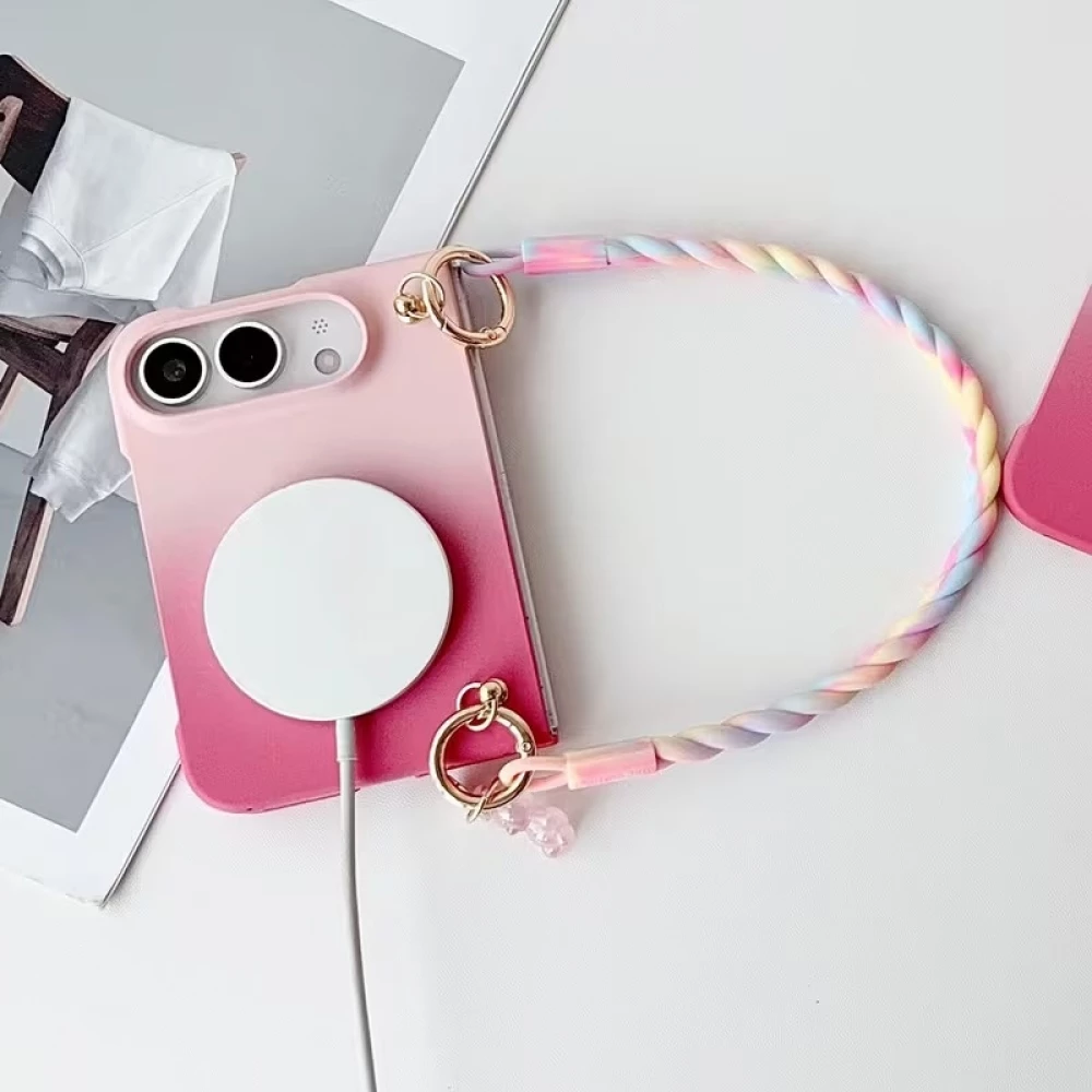 Coque iPhone Duo - Candy Twist magn&eacute;tique avec dragonne tress&eacute;e multicolore et protection antichoc - Rose