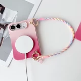 Coque iPhone Duo - Candy Twist magn&eacute;tique avec dragonne tress&eacute;e multicolore et protection antichoc - Rose