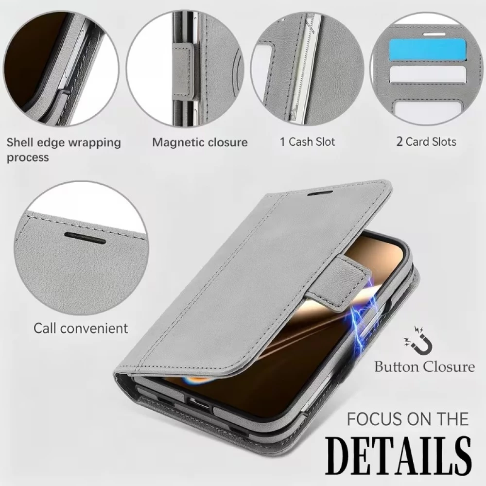 Coque iPhone Duo - Executive Wallet finition PU textur&eacute;e avec rabat int&eacute;gral et fermeture magn&eacute;tique - Gris