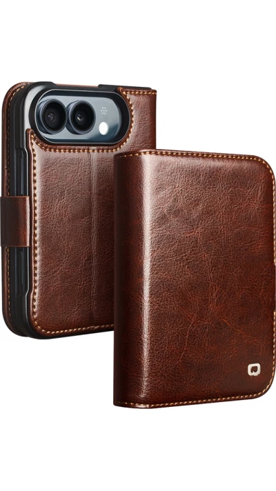 iPhone Duo Case Hülle - Qialino Klapphülle Echtleder Magnetverschluss klassisch - Braun