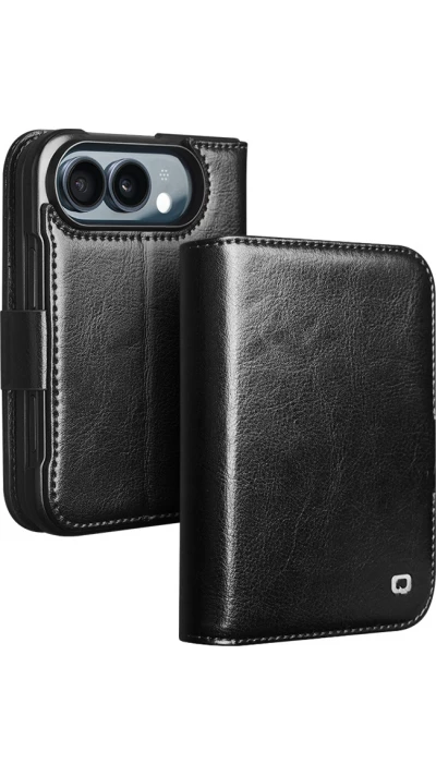 iPhone Duo Case Hülle - Qialino Klapphülle Echtleder Magnetverschluss klassisch - Schwarz