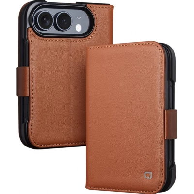 Coque iPhone Duo - Flip Qialino Full grain Wallet cuir véritable mat avec fermeture magnétique - Brun clair