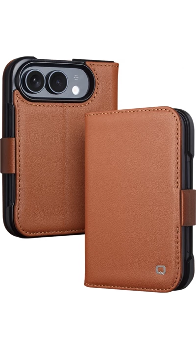 iPhone Duo Case Hülle - Flip Qialino Full Grain Wallet Echtleder matt mit Magnetverschluss - Hellbraun