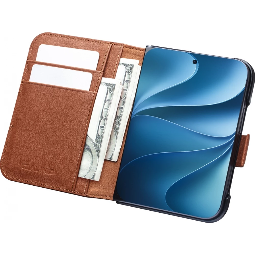 Coque iPhone Duo - Flip Qialino Full grain Wallet cuir véritable mat avec fermeture magnétique - Brun clair