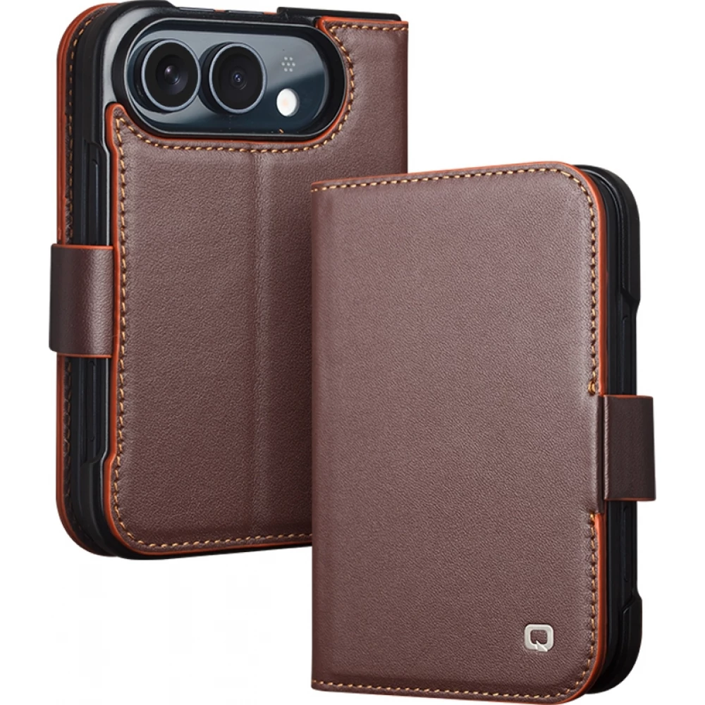 Coque iPhone Duo - Flip Qialino Full grain Wallet cuir véritable mat avec fermeture magnétique - Brun foncé