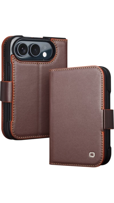 iPhone Duo Case Hülle - Flip Qialino Full Grain Wallet Echtleder matt mit Magnetverschluss - Dunkelbraun