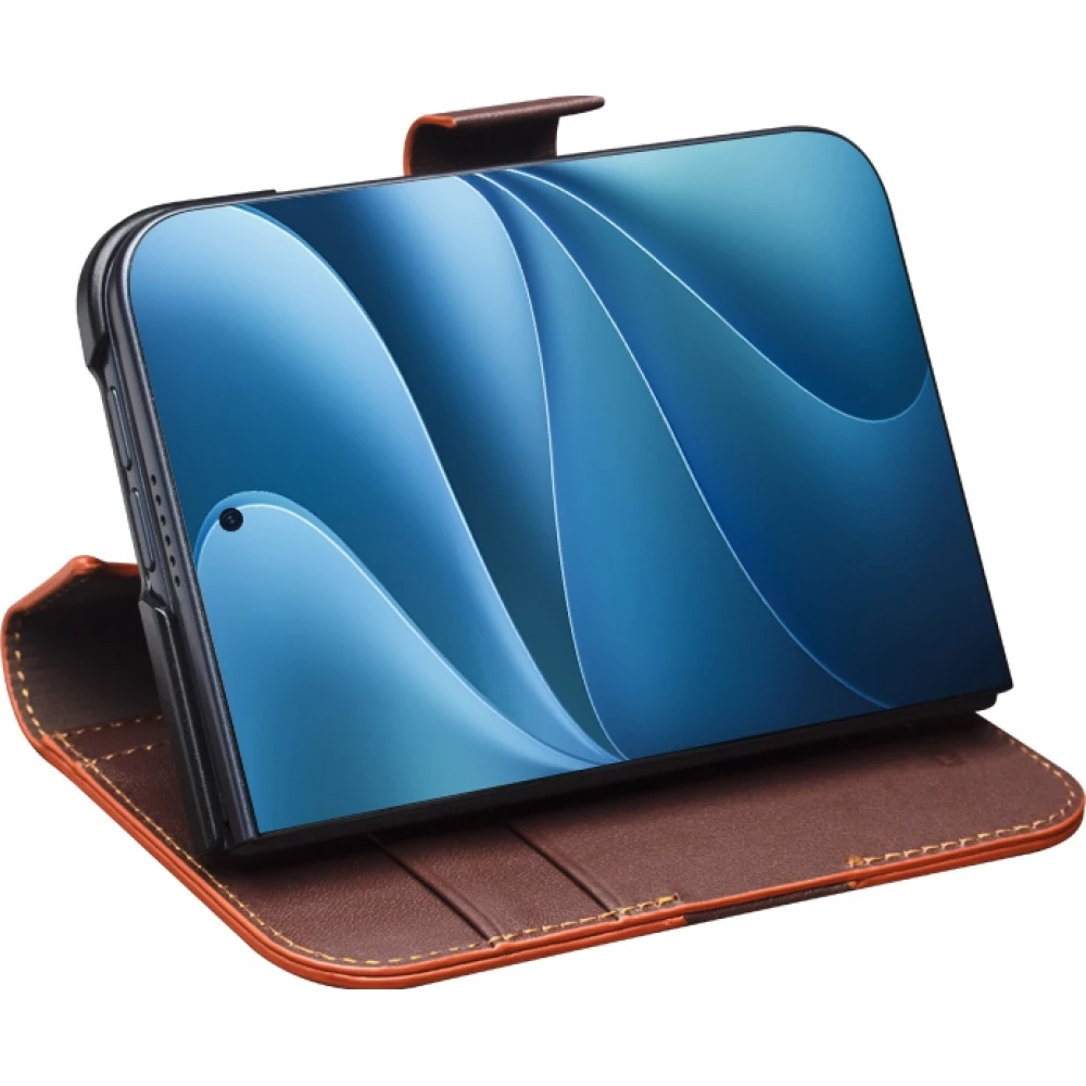 Coque iPhone Duo - Flip Qialino Full grain Wallet cuir véritable mat avec fermeture magnétique - Brun foncé