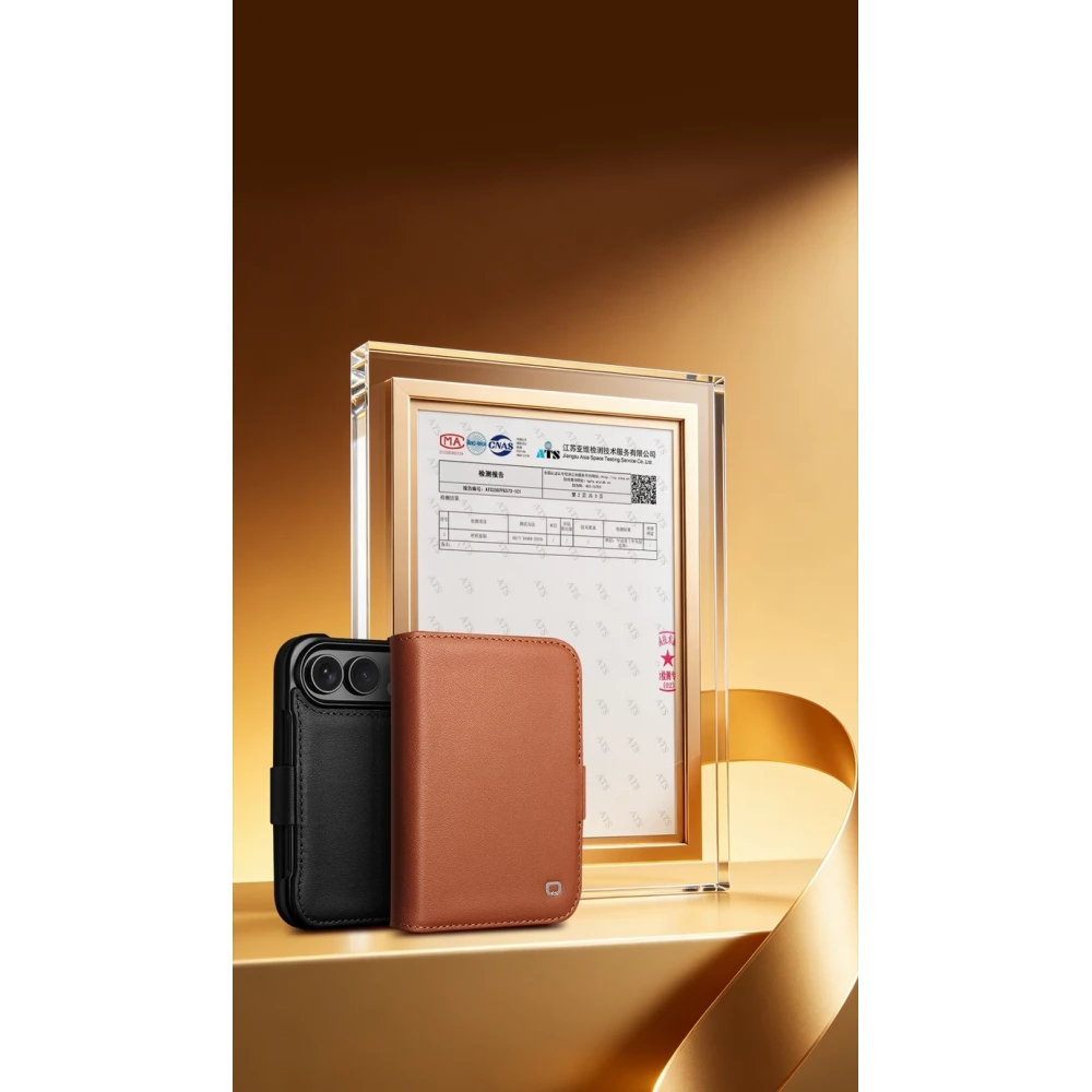 Coque iPhone Duo - Flip Qialino Full grain Wallet cuir véritable mat avec fermeture magnétique - Brun foncé