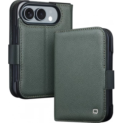 Coque iPhone Duo - Flip Qialino Full grain Wallet cuir véritable mat avec fermeture magnétique - Cyan