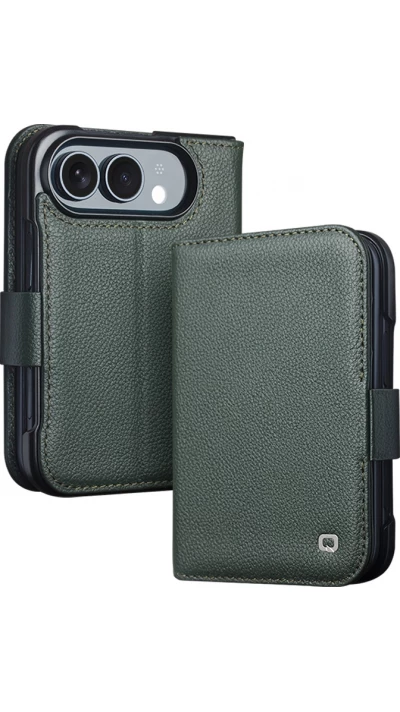 iPhone Duo Case Hülle - Flip Qialino Full Grain Wallet Echtleder matt mit Magnetverschluss - Cyan