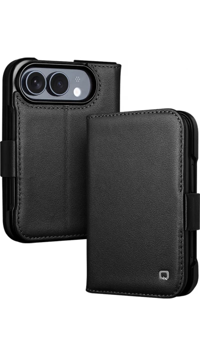 iPhone Duo Case Hülle - Flip Qialino Full Grain Wallet Echtleder matt mit Magnetverschluss - Schwarz