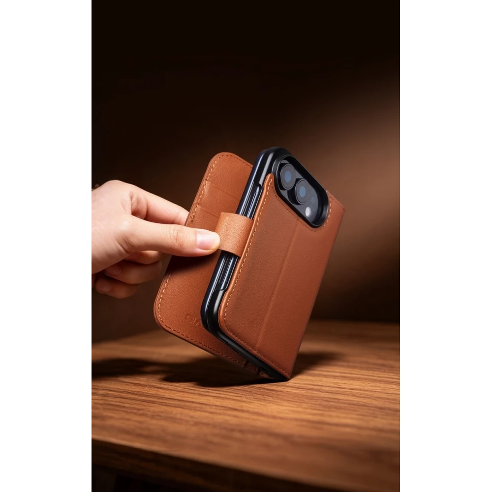 Coque iPhone Duo - Flip Qialino Full grain Wallet cuir véritable mat avec fermeture magnétique - Noir