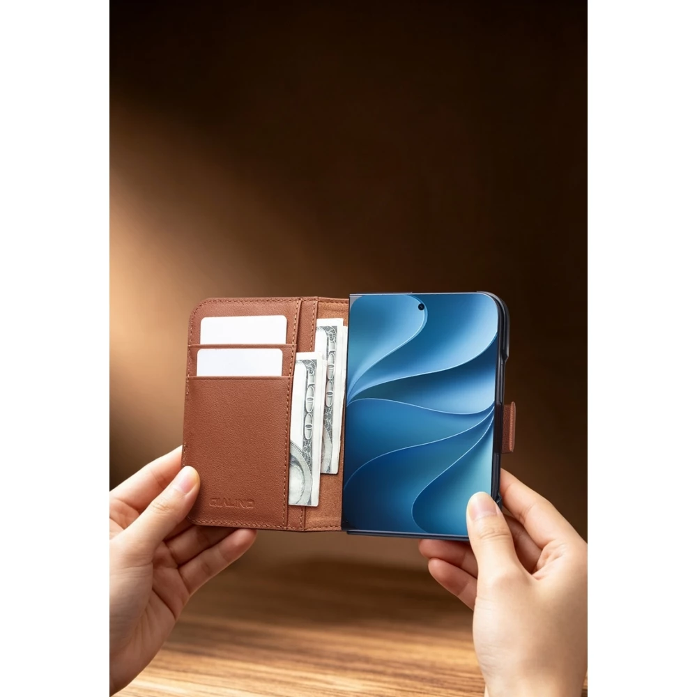 Coque iPhone Duo - Flip Qialino Full grain Wallet cuir véritable mat avec fermeture magnétique - Noir