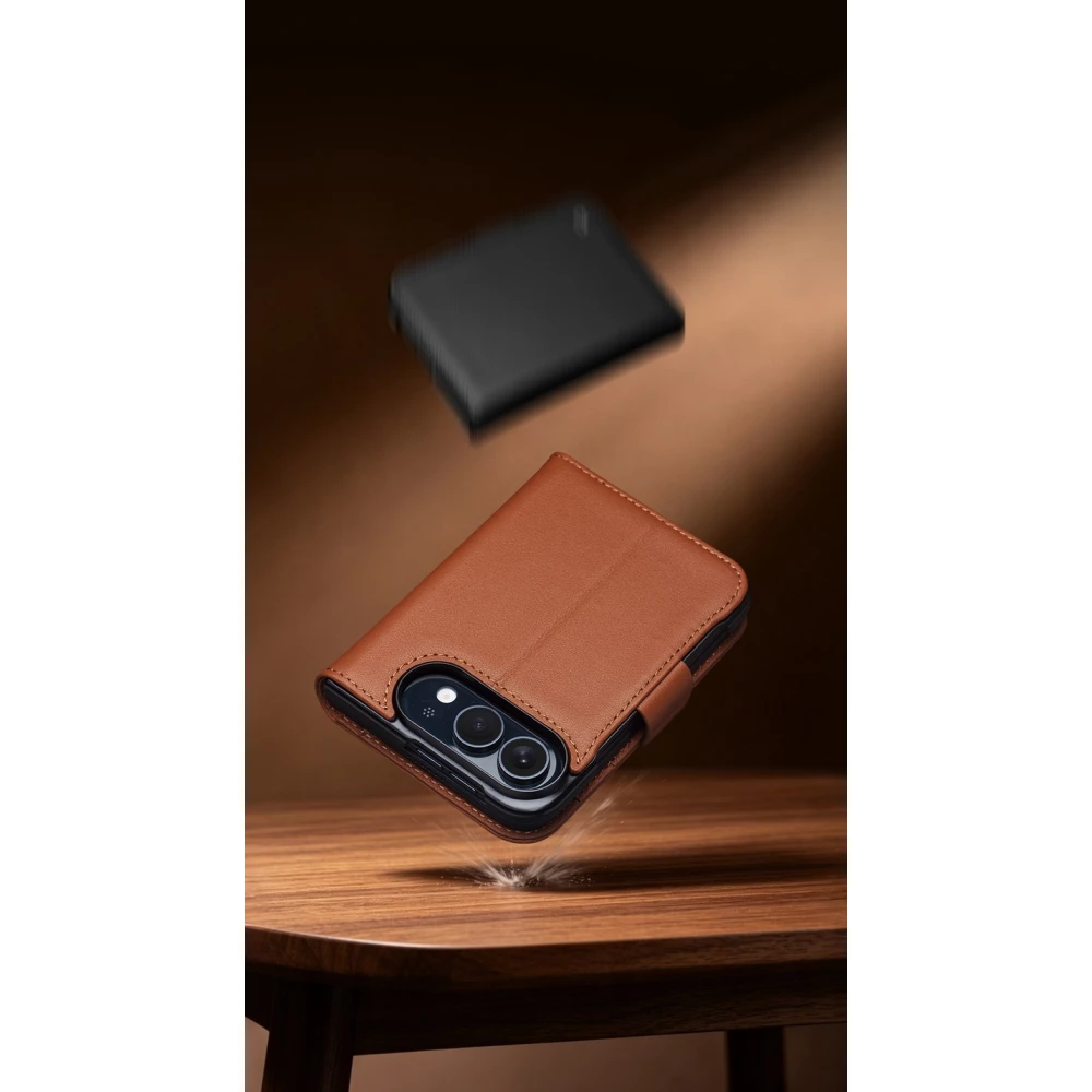 Coque iPhone Duo - Flip Qialino Full grain Wallet cuir véritable mat avec fermeture magnétique - Noir