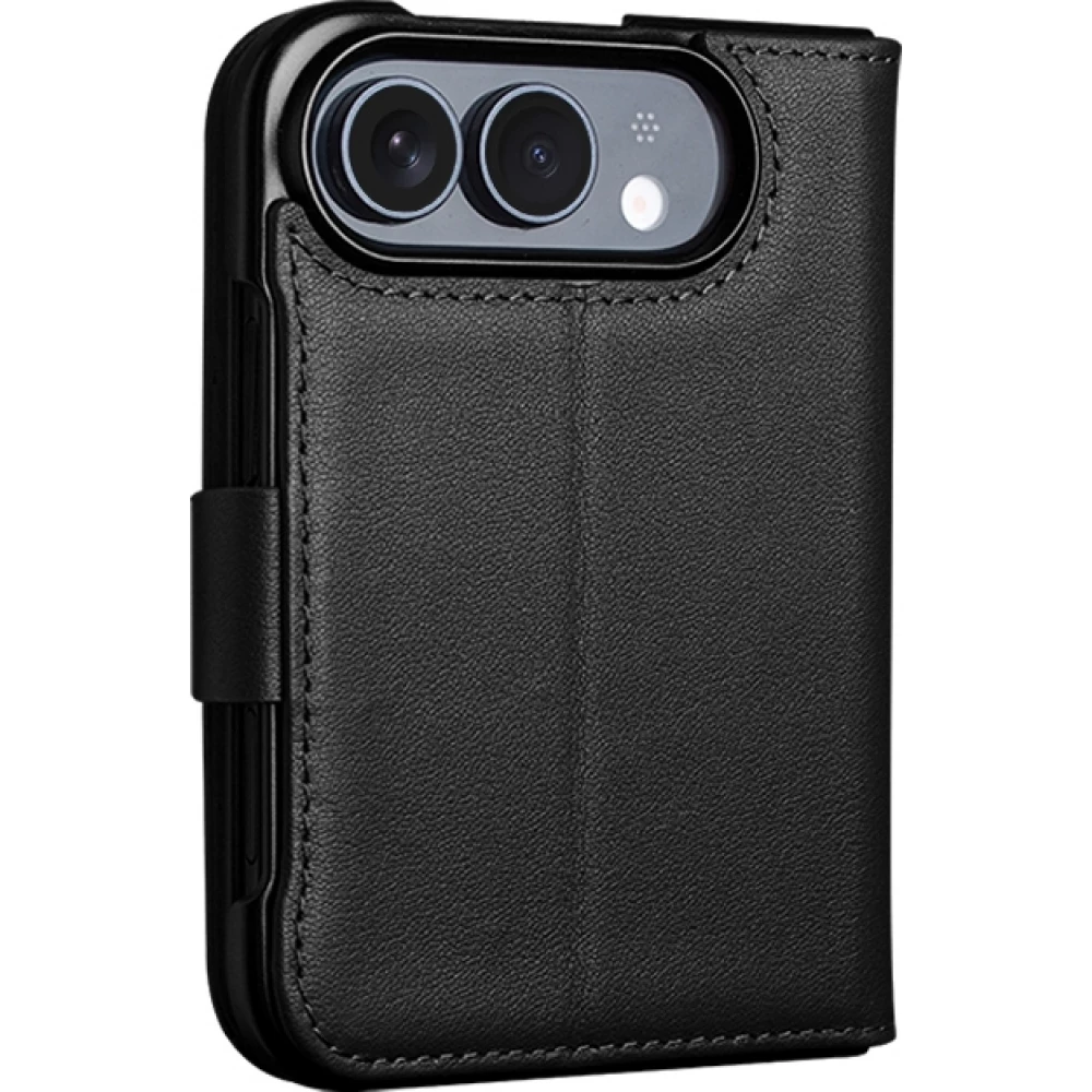 Coque iPhone Duo - Flip Qialino Full grain Wallet cuir véritable mat avec fermeture magnétique - Noir