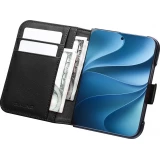 Coque iPhone Duo - Flip Qialino Full grain Wallet cuir véritable mat avec fermeture magnétique - Noir
