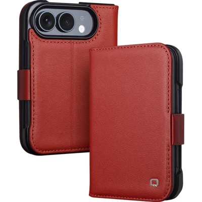 Coque iPhone Duo - Flip Qialino Full grain Wallet cuir véritable mat avec fermeture magnétique - Rouge