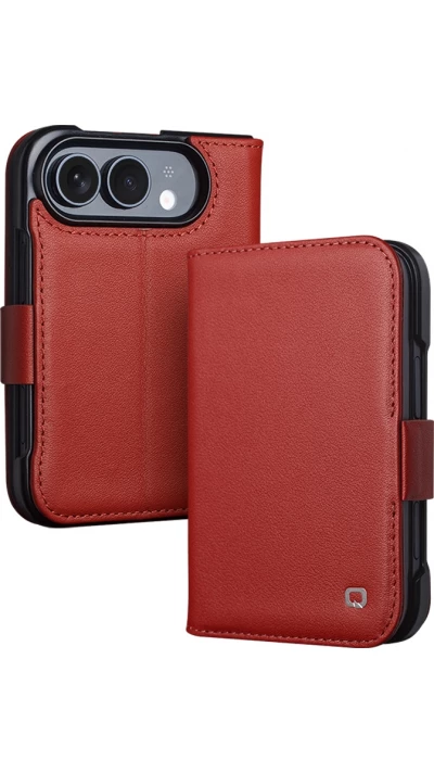 iPhone Duo Case Hülle - Flip Qialino Full Grain Wallet Echtleder matt mit Magnetverschluss - Rot