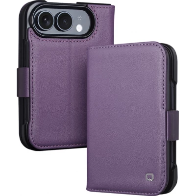 Coque iPhone Duo - Flip Qialino Full grain Wallet cuir véritable mat avec fermeture magnétique - Violet