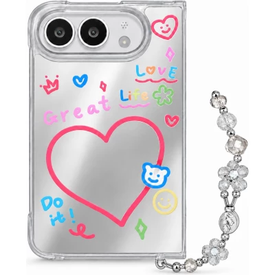 Coque iPhone Duo - Love Mirror effet miroir avec c&oelig;urs graffiti et bracelet bijou scintillant - Argent