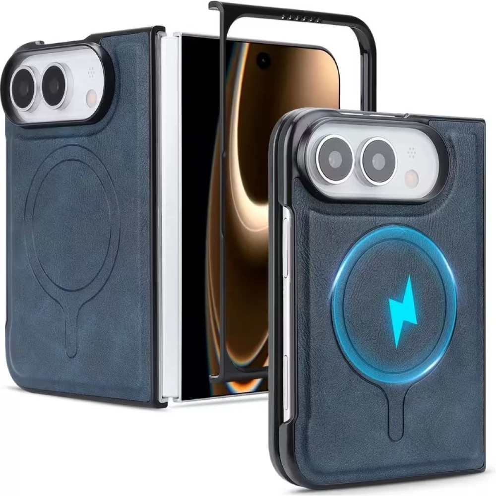 Coque iPhone Duo - Magn&eacute;tique MagSafe premium effet cuir avec protection cam&eacute;ra et charge sans fil - Bleu