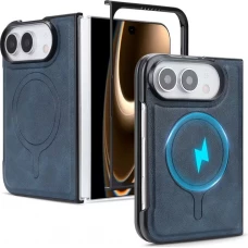 Coque iPhone Duo - Magn&eacute;tique MagSafe premium effet cuir avec protection cam&eacute;ra et charge sans fil - Bleu