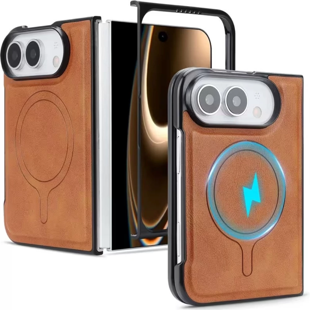 Coque iPhone Duo - Magn&eacute;tique MagSafe premium effet cuir avec protection cam&eacute;ra et charge sans fil - Brun
