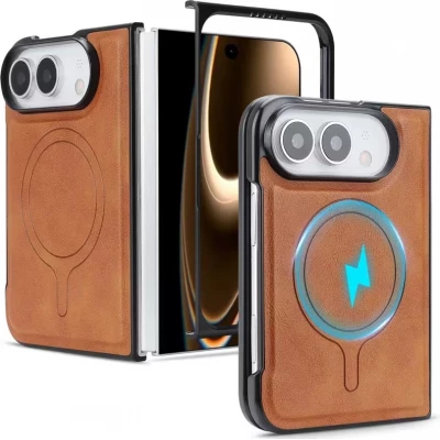 Coque iPhone Duo - Magn&eacute;tique MagSafe premium effet cuir avec protection cam&eacute;ra et charge sans fil - Brun