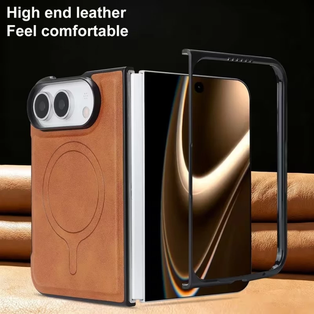 Coque iPhone Duo - Magn&eacute;tique MagSafe premium effet cuir avec protection cam&eacute;ra et charge sans fil - Brun