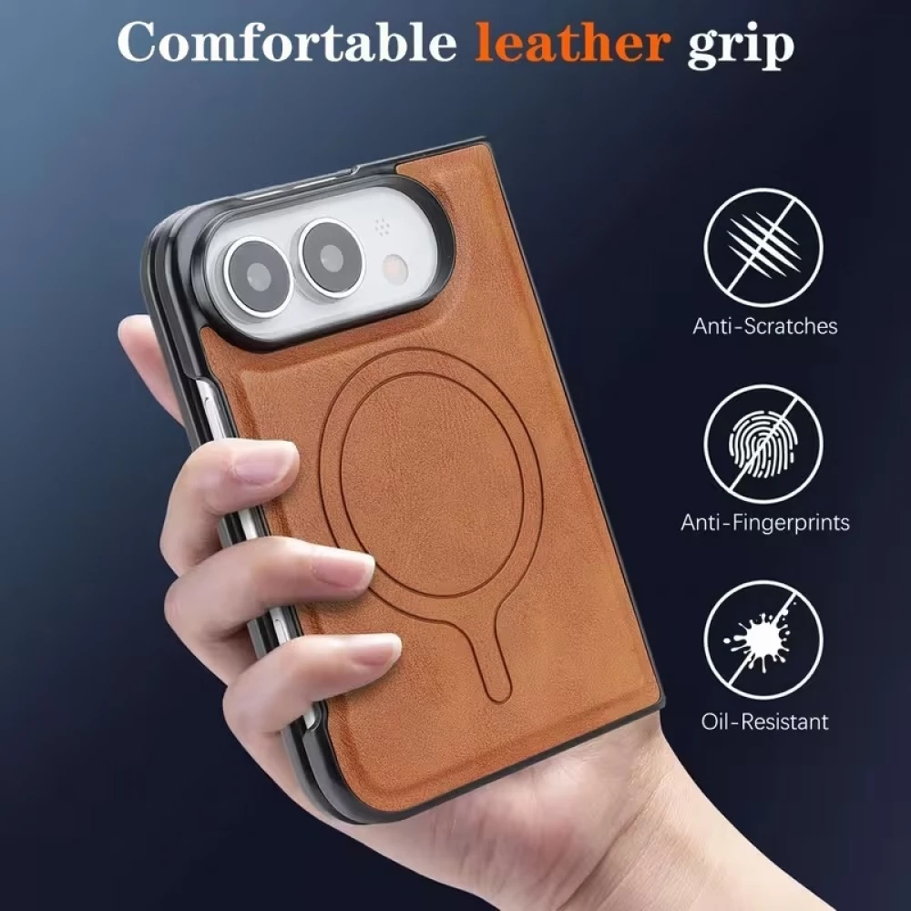 Coque iPhone Duo - Magn&eacute;tique MagSafe premium effet cuir avec protection cam&eacute;ra et charge sans fil - Brun