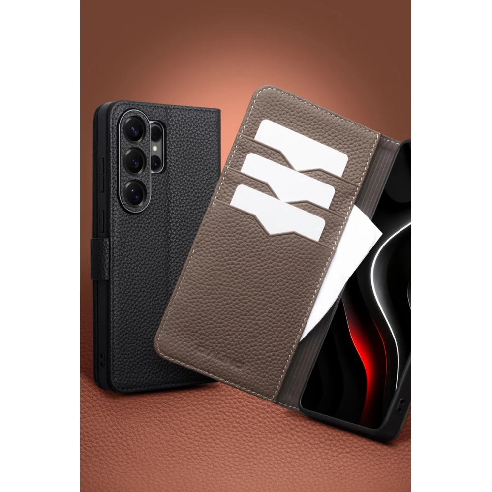 Samsung Galaxy S26 Ultra Case Hülle - Flip Qialino Full Grain Wallet Echtleder matt mit Magnetverschluss - Braun