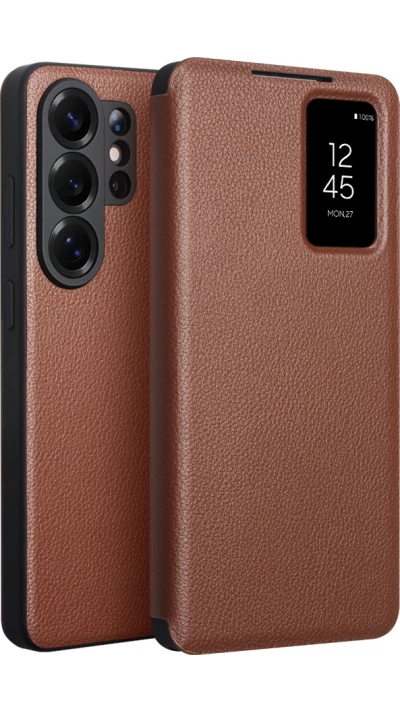 Galaxy S26 Ultra Case H&uuml;lle - Flip Qialino Ultra Smart Echtes Leder - Braun