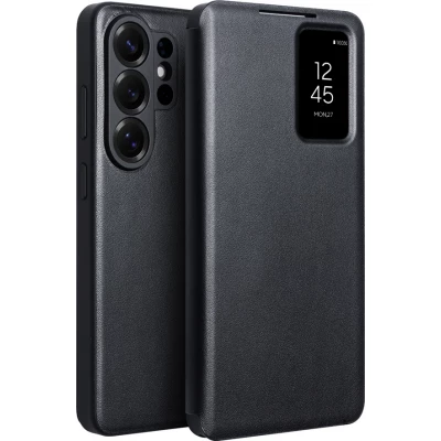 Galaxy S26 Ultra Case Hülle - Flip Qialino Ultra Smart Echtes Leder - Schwarz